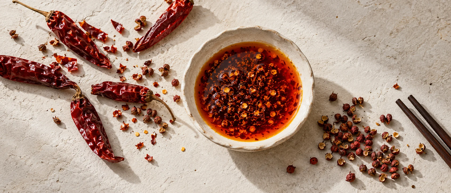 Chilli oil, dried chillies and Sichuan peppercorns on a light surface